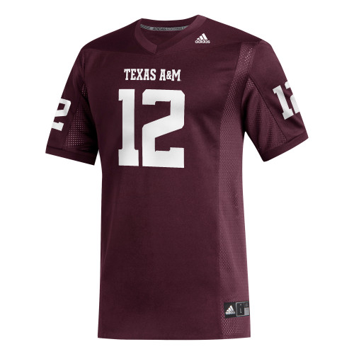 Adidas Texas A&M maroon replica jersey showcasing the iconic 12th Man number in white. Adidas Texas A&M jersey, Texas A&M football jersey, Texas A&M 12th Man jersey, maroon Aggies jersey, Adidas Aggies apparel, Texas A&M number 12 jersey, Texas A&M game day shirt, Aggies football fan gear, Texas A&M men’s jersey, licensed Texas A&M apparel, Aggies spirit wear, Texas A&M athletic jersey