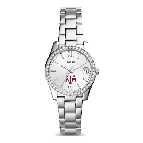 Fossil Texas A&M stainless steel watch featuring a silver dial with Roman numeral hour markers and the Texas A&M logo at the center.