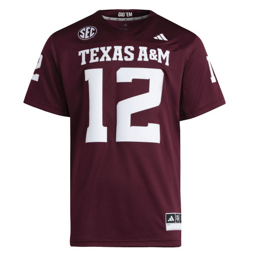 Adidas Texas A&M maroon football jersey featuring number 12 on the front with white lettering and SEC patch detail.