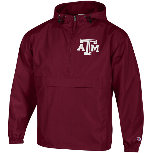 Champion Texas A&M maroon hooded pullover windbreaker with embroidered ATM logo on the chest and front half zip closure.