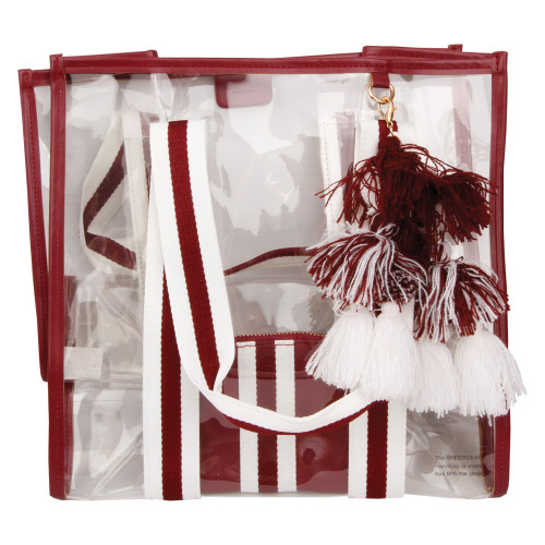 Sheer Gear Texas A&M clear stadium tote bag with maroon trim, striped shoulder strap, and maroon and white tassel charm.