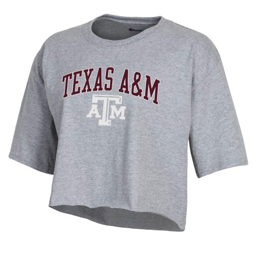 Champion women’s gray cropped T shirt with Texas A&M arched lettering and ATM logo on the front.