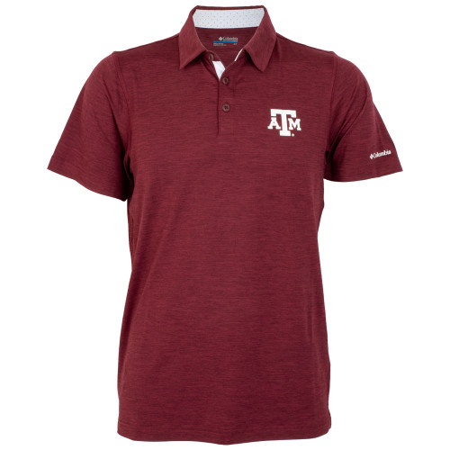 Columbia men’s maroon short sleeve polo featuring the Texas A&M logo embroidered on the left chest.