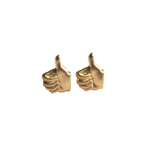 Pair of women’s brass Gig ’em thumb earrings featuring the iconic thumbs up hand sign in a polished gold tone finish.
