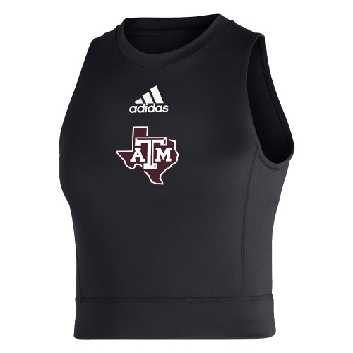Adidas Texas A&M cropped sleeveless top in black featuring the Texas A&M logo and Adidas branding on the chest.