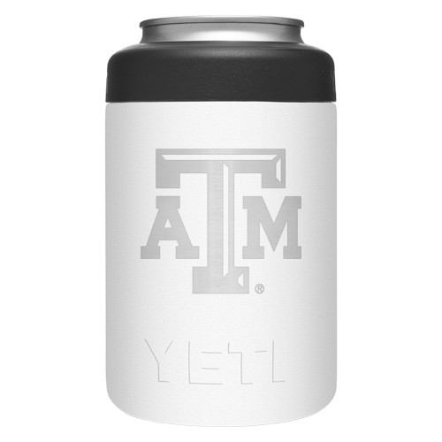 White YETI Texas A&M Aggies can cooler featuring a silver ATM logo on the front and a black rim, designed for keeping drinks cold at tailgates and game day events.
