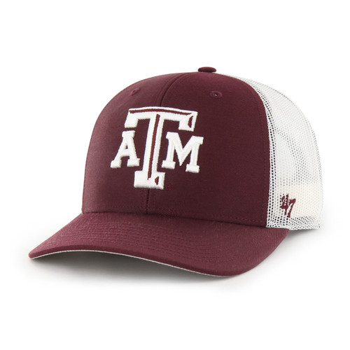 Maroon and white ’47 Brand Texas A&M trucker hat featuring embroidered ATM logo on the front with breathable mesh back, perfect for Aggies game day and everyday wear.