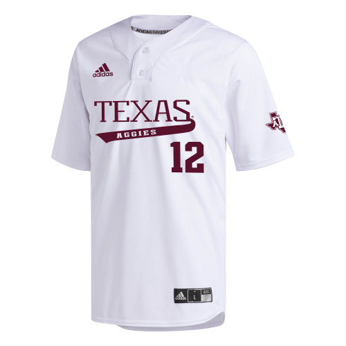 White Adidas Texas A&M Aggies baseball jersey featuring maroon TEXAS Aggies lettering across the chest, number 12 on the front, Adidas logo on the right chest, SEC conference patch on the sleeve, and button front design in official Texas A&M team style.