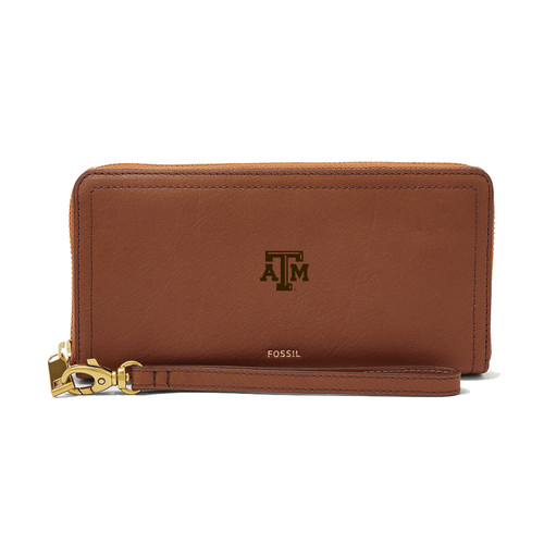 Fossil Texas A&M brown leather zip around wallet with wristlet strap and embossed ATM logo, classic Aggies accessory.