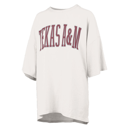 Pressbox Texas A&M oversized women’s t shirt in light neutral tone with arched maroon Texas A&M lettering across the chest, relaxed fit Aggies casual top.