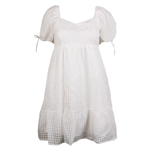 Women's White Solid Grid Print Sweetheart Neckline Tiered Mini Dress