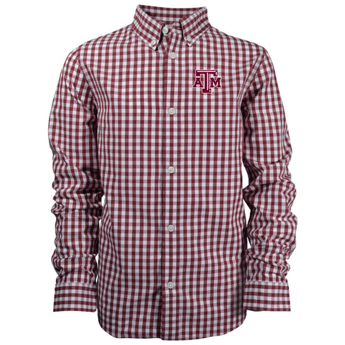 Maroon and white gingham long sleeve Garb toddler button down shirt featuring the Texas A&M logo on the chest, designed as a polished Aggies game day outfit for toddlers.