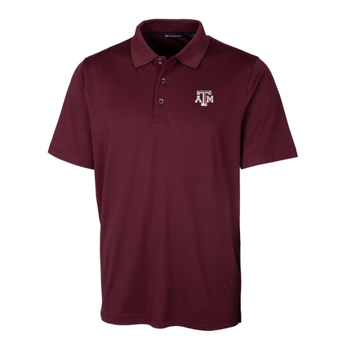 Maroon Cutter & Buck polo shirt featuring an embroidered Texas A&M logo on the chest, designed as a polished Aggies option for game day, golf, or professional wear.