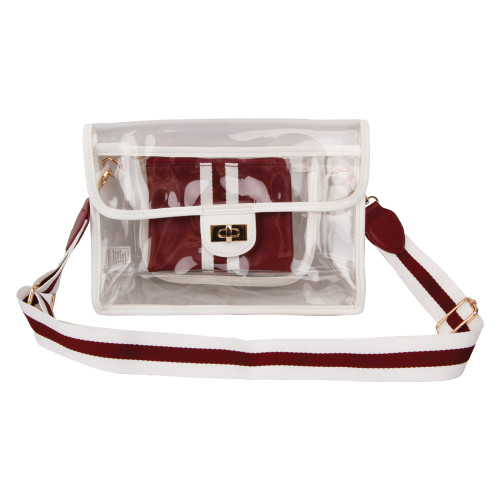 Clear Sheer Gear rectangular stadium bag with maroon and white adjustable strap and gold turn lock closure, designed as a Texas A&M Aggies game day approved accessory for Kyle Field and events.