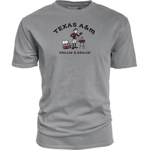 Gray Life Is Good Texas A&M t shirt featuring a “Chillin & Grillin” graphic with Texas A&M above, designed for Aggies fans who love tailgates and backyard barbecues.