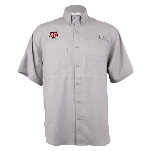 Light gray Columbia short sleeve button down shirt featuring a maroon Texas A&M ATM logo on the chest, designed as a breathable Aggies performance fishing and outdoor shirt.