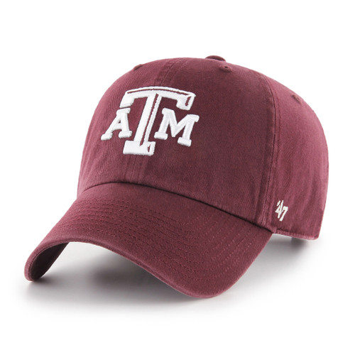 Maroon ’47 Brand Texas A&M hat featuring a raised white ATM logo embroidered on the front, styled as a classic Aggies game day and everyday cap.