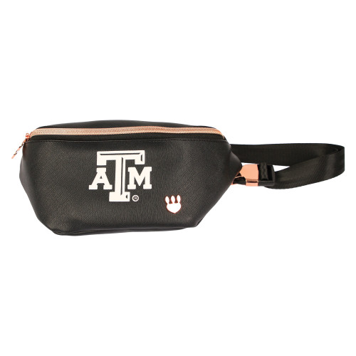 Black Kadyluxe Texas A&M belt bag featuring a white ATM logo on the front with adjustable strap, styled as a sleek and hands free Aggies game day accessory.