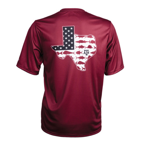 Maroon Columbia Texas A&M performance t shirt featuring a large Texas state outline on the back filled with a patriotic American flag design and ATM logos, styled as a bold Aggies outdoor and game day shirt.