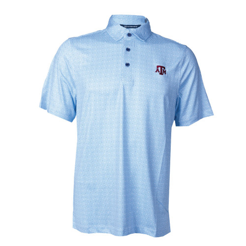 Light blue Cutter & Buck polo featuring an embroidered Texas A&M ATM logo on the chest, styled as a polished Aggies golf and business casual game day shirt.