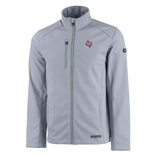 Light gray Cutter & Buck full zip jacket featuring an embroidered Texas A&M ATM logo on the chest, styled as a sleek and versatile Aggies performance outerwear piece.