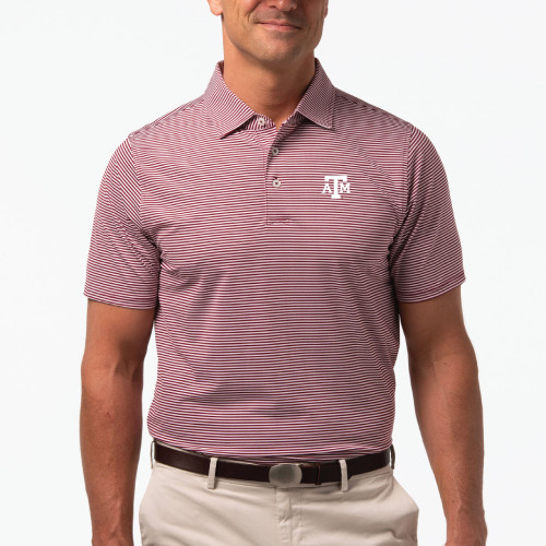 Maroon and white striped B. Draddy polo featuring an embroidered Texas A&M ATM logo on the chest, styled as a premium Aggies golf and business casual game day shirt.