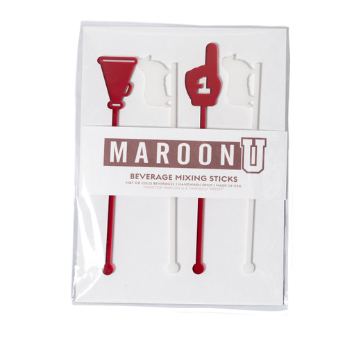 Friendlily Press Texas A&M Maroon U beverage mixing sticks featuring maroon drink themed icons, styled as fun Aggies party and tailgate bar accessories.