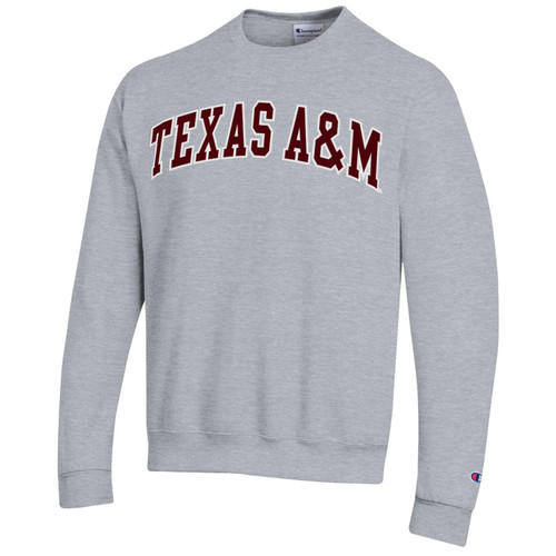 Gray Champion Texas A&M crewneck sweatshirt featuring arched Texas A&M lettering across the chest, styled as a classic and comfortable Aggies game day pullover.