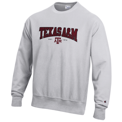Gray Champion Texas A&M crewneck sweatshirt featuring arched Texas A&M lettering with an ATM logo underneath, styled as a classic and comfortable Aggies game day pullover.