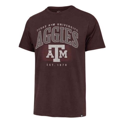 '47 Brand Texas A&M brown short sleeve t shirt featuring Aggies lettering, ATM logo, and EST 1876 graphic on the front.