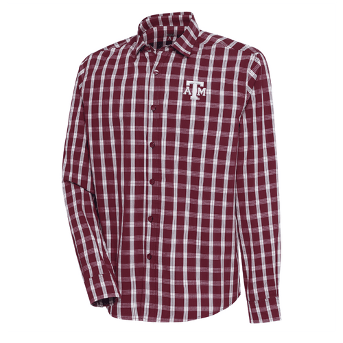 Antigua Texas A&M maroon and white gingham long sleeve button down shirt featuring embroidered ATM logo on the left chest.