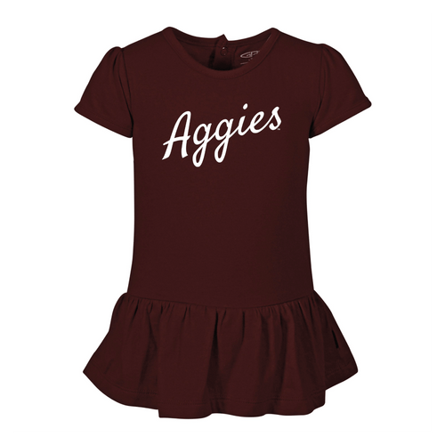 Garb Texas A&M infant maroon short sleeve dress featuring Aggies script across the chest with ruffle skirt hem.