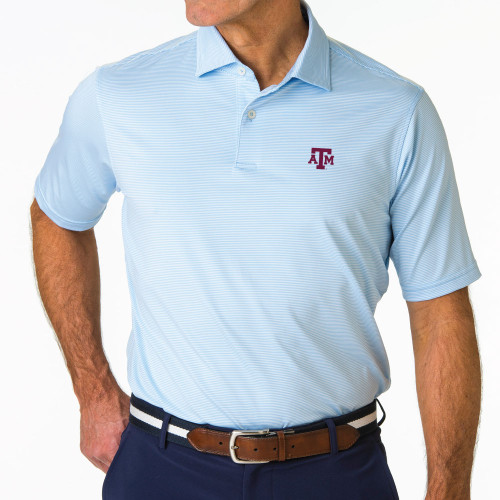 Fairway and Greene Texas A&M light blue striped short sleeve polo featuring embroidered ATM logo on the left chest.