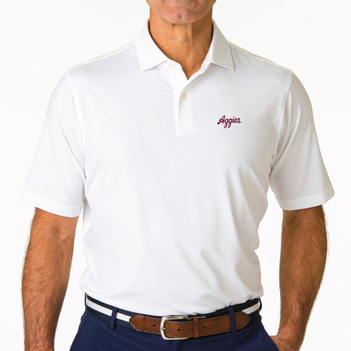 Fairway and Greene Texas A&M white short sleeve polo featuring small Aggies script embroidered on the left chest.