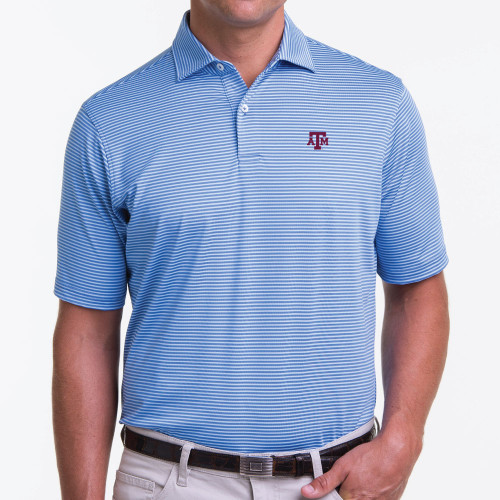 Fairway and Greene Texas A&M light blue striped short sleeve polo featuring embroidered ATM logo on the left chest.