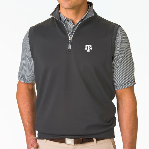 Fairway & Greene Texas A&M dark grey quarter zip vest featuring embroidered ATM logo on the left chest.