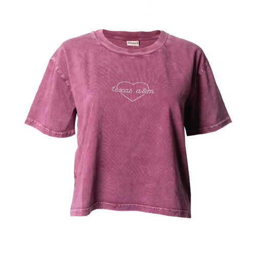 Chicka-d Texas A&M women’s faded maroon short sleeve cropped t shirt featuring subtle Texas A&M graphic across the chest.