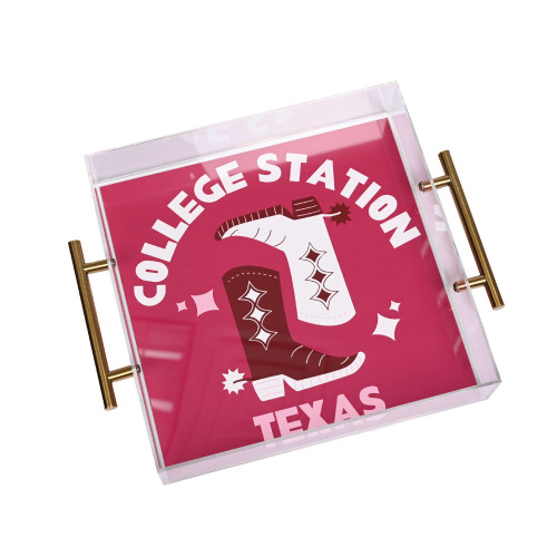 Tart by Taylor Texas A&M College Station acrylic tray featuring maroon background with College Station, Texas lettering and illustrated cowboy boots graphic with gold side handles.