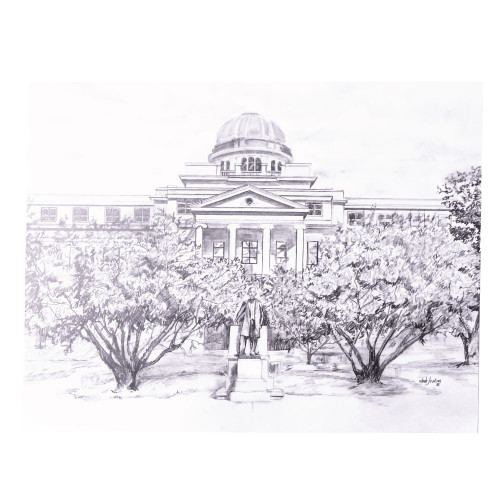 Valiant Gifts Texas A&M detailed black and white architectural sketch art print featuring the Academic Building in College Station.