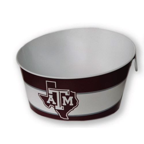 Galvanized metal Texas A&M Aggies ice bucket with maroon stripe and ATM logo on the front, college drinkware accessory by Valiant Gifts.