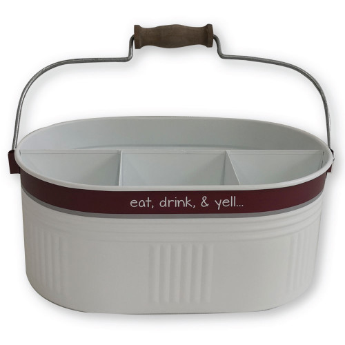 Valiant Gifts white metal oval caddy with wooden handle and maroon “eat, drink, & yell...” band, divided serving organizer for parties and entertaining.