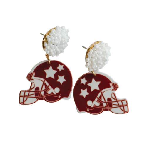 Mary Square Texas A&M Aggies maroon football helmet statement earrings with white star accents and white pom top detail.