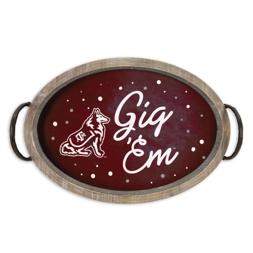 Valiant Gifts oval serving tray with maroon Texas A&M Gig Em design, white script lettering, Reveille graphic, dotted detail, rustic wood style border, and black metal side handles for Aggies home decor.