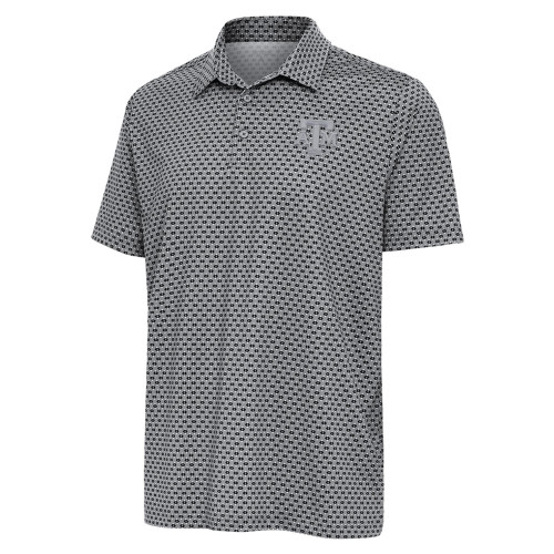 Antigua Texas A&M grey patterned short sleeve polo featuring an embroidered Texas A&M logo on the chest with all over subtle geometric print, classic collar, and button placket for polished Aggies apparel.