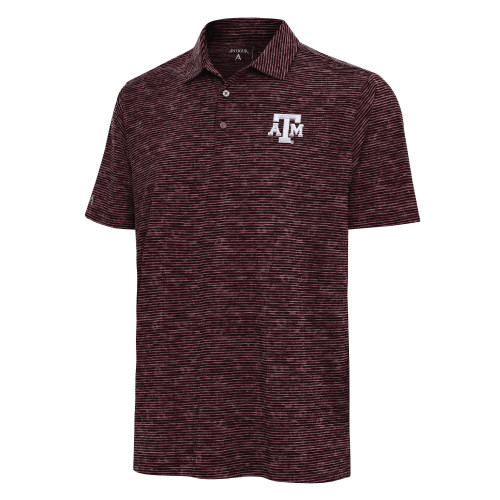 Antigua Texas A&M maroon heather short sleeve polo featuring an embroidered Texas A&M logo on the chest with textured pattern, classic collar, and button placket for polished Aggies apparel.