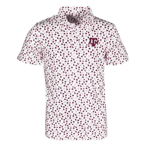 Garb Texas A&M youth white short sleeve polo featuring an all over maroon print pattern with embroidered Texas A&M logo on the chest for stylish Aggies kids apparel.