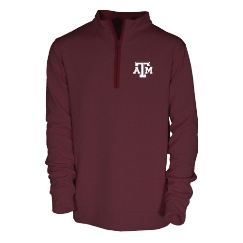 Garb Texas A&M youth maroon quarter zip pullover featuring an embroidered Texas A&M logo on the chest with long sleeves and mock neck design for classic Aggies youth apparel.