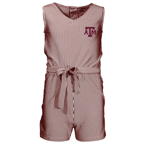 Garb Texas A&M youth maroon and white striped sleeveless romper featuring an embroidered Texas A&M logo on the chest with adjustable waist tie and relaxed fit for stylish Aggies youth apparel.