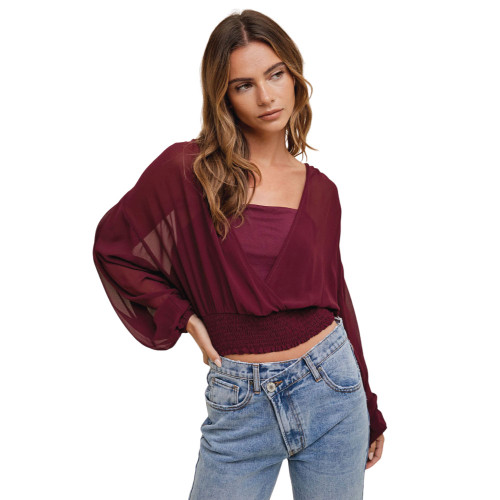 Wishlist maroon long sleeve blouse featuring a relaxed draped fit with lightweight flowy sleeves and cropped silhouette for stylish Texas A&M Aggies inspired game day fashion.