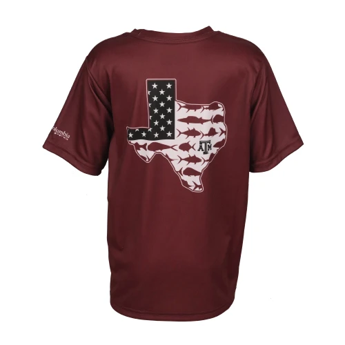 Columbia Texas A&M Aggies maroon short sleeve performance shirt with Texas shaped American flag graphic on the back